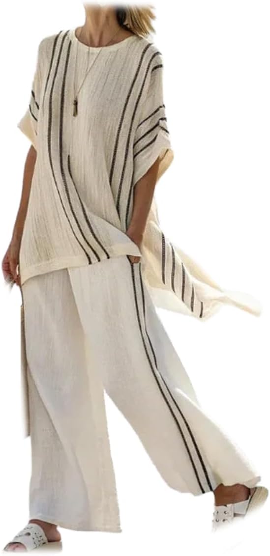 Womens Linen Sets 2 Piece Outfit for Women Summer Short Sleeve Top and Wide Leg Pants Lounge Matching Set with Pockets