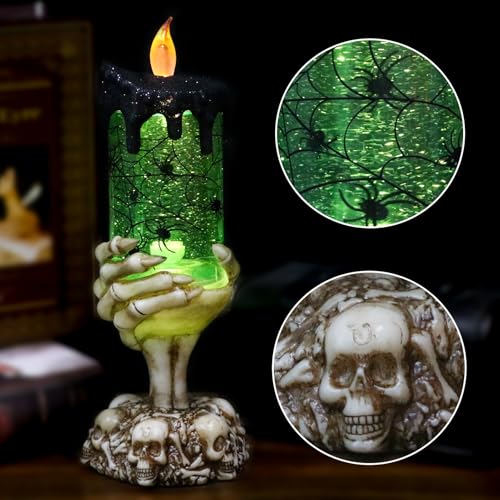 Image of Eldnacele Halloween Snow Globe Candles Lighted Lamp USB Powered Battery Operated Spooky Spinning Water Glittering Tornado Flameless Candles Skeleton Hand Holder Halloween Centerpiece Decor(Spider)