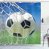 Ambesonne Sports Shower Curtain, Soccer Goal Net Football Games Photo Design Field Grass Sky Ball for Teens and Kids, Cloth Fabric Bathroom Decor Set with Hooks, 69