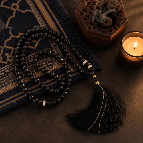 Image of Islamic Salat Prayer Tasbih - 100 Crystal White Beads - Tasbeeh for Dhikr, Zikr, and Meditation (Crystal Black)