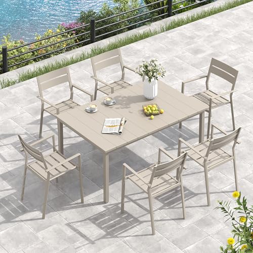 Image of VICLLAX Outdoor Table for 6, Metal Patio Dining Table with Umbrella Hole for Garden Lawn Deck Backyard, Sandshell Tabletop