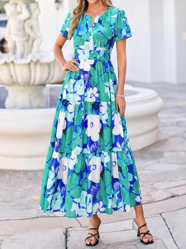 Image of BTFBM Womens Summer Floral Maxi Dresses V Neck Short Sleeve Boho Casual Flowy Long Wedding Guest Dress Beach Vacation