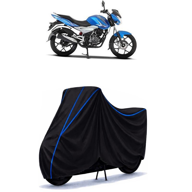 Image of Bajaj Discover 125 ST Bike Cover Water Resistant Universal Motorcycle Rain | Heavy Duty UV Protection, Dust, Scratch Indoor Outdoor All Weather with Black Blue Piping Elastic
