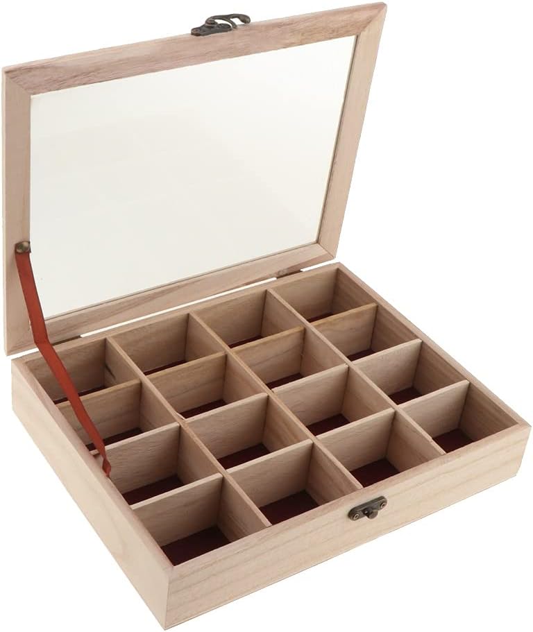 16 Grids Unfinished Wood Stash Box, Square Unpainted Wooden Jewelry Storage Chest Treasure Case for DIY Crafting
