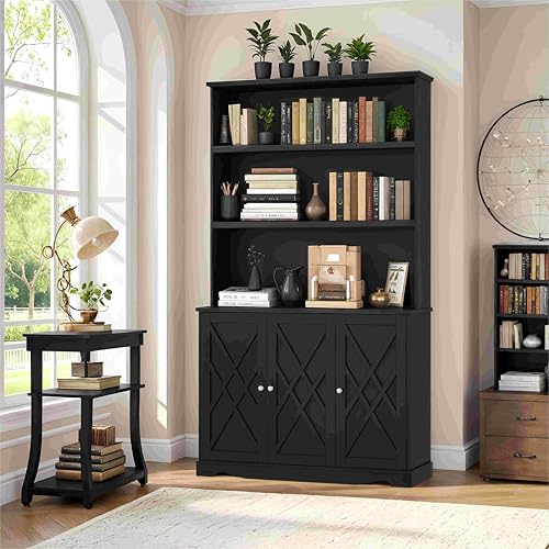 HOSTACK 72' H Tall Bookshelf with Cabinets, Wide Bookshelf and Bookcase with 3-Tier Open Shelves, Modern Book Case with Storage Cabinet for Home Office, Display Cabinet with Adjustable Shelves, Black