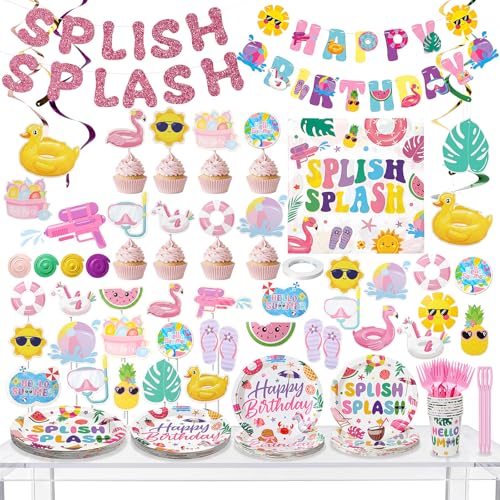 Yungyan 178 Pcs Splish Splash Birthday Decorations Pool Birthday Party Banner Pink Flamingo Pool Plates Napkin and Fork Tableware Sets Hanging Swirls Summer Baby Shower Beach Party Luau Tropical Decor