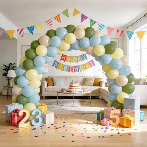 Image of Dusty Blue Sage Green Pastel Yellow Latex Balloons Kit 60pcs 12-in | Light Baby Blue Olive Green Butter Yellow Helium Balloons with 1 ribbon for Kids Birthday Wedding Baby Shower Party Decor