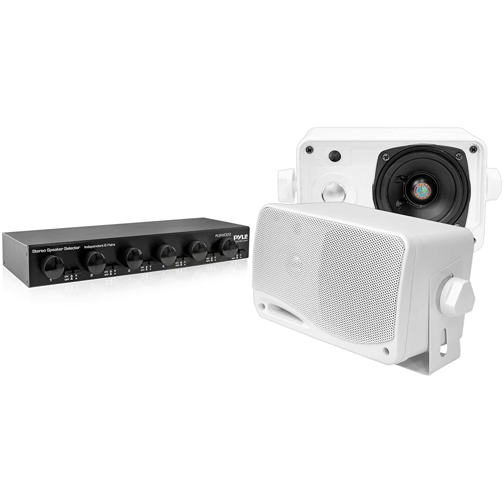 Pyle 6 Channel Speaker Selector with Volume Control and 3.5" 3-Way 200W Outdoor Speakers with Mounting Kit - White