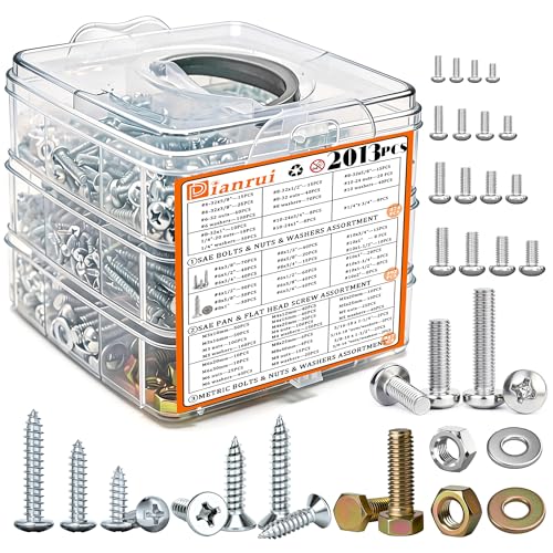 Image of Dianrui 2013 PCS Metric & SAE Nuts & Bolts & Wood Screws Assortment Kit, Phillips Pan Head & Flat Head Screw, Grade 8.8 Metric Hex Bolt Set and Assorted Screws Nuts Bolts Washers (3 Trays)