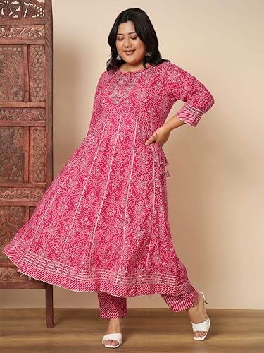 Image of Vbuyz Women's Printed & sequience work A-line Cotton Pink Kurta Pant With Dupatta