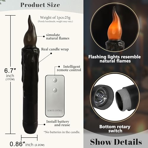 Image of Real Wax LED Flameless Halloween Short Taper Candles with Remote, 6.7 Inches Black Candlesticks, Dripless Battery Operated Flame Rustic Primitive Flameless Lights Decor, Pack of 2