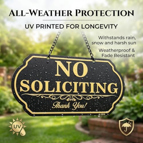 Image of No Soliciting Sign for Front Door, 10 x 5 Inch Aluminum Metal Hanging Door Sign with Chain, UV Printed Weatherproof No Soliciting Door Plaque for Home, Office, Porch, Wall or Fence