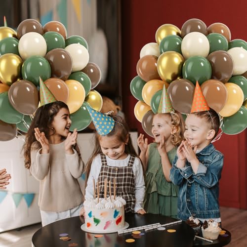 Image of BAUANOOY Green and Brown Balloons, 60pcs 12 Inch Safari Balloons with Sage Green Brown Nude Metallic Gold Latex Balloon for Jungle Forest Baby Shower Birthday Party Decorations