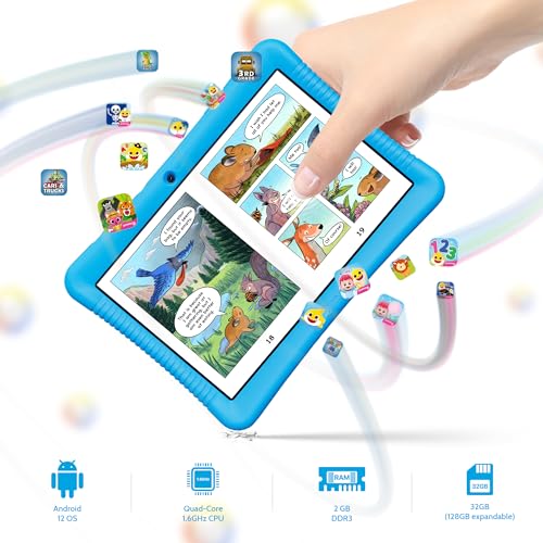 Image of Contixo K102 10 inch Kids Tablet Bundle - Wireless Kids Headphones, 32GB, Learning Educational Apps, Parental Controls, Dual Cameras, Shockproof Case with Kickstand & Stylus, Ages 3-7 - Blue