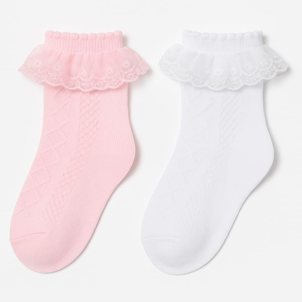 Frill Socks for Baby Girl | Girls Cotton Ankle Ruffle Socks with Lace Frill, White and Pink, Pack of 2, Age 3-6 Years 1