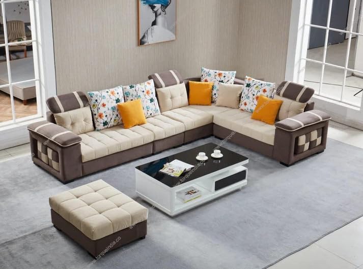 Image of Bristol 12 Seater Sofa Set for Living Room (Beige-Brown) | Interchangeable U Shape Sectional Sofa | Solid Wood Frame & High-Density Supersoft Foam | Includes Puffy & Stool | Modern Home Furniture