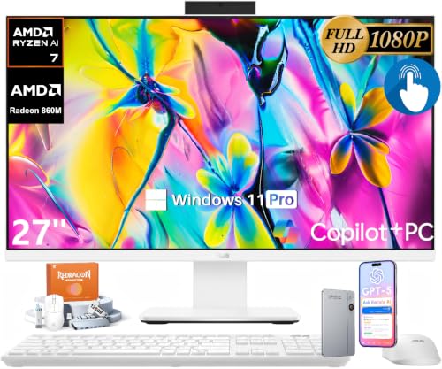 Image of ASUS VM670 27 inch All-in-One Desktop Computer, Touchscreen, 32GB DDR5, 1TB SSD | AMD Ryzen AI 7 350 (Up to 5.0GHz), Windows 11 Pro, FHD IPS Anti-Glare Display, Radeon 860M, Wi-Fi 6, BT 5.4, Copilot+ AI PC
