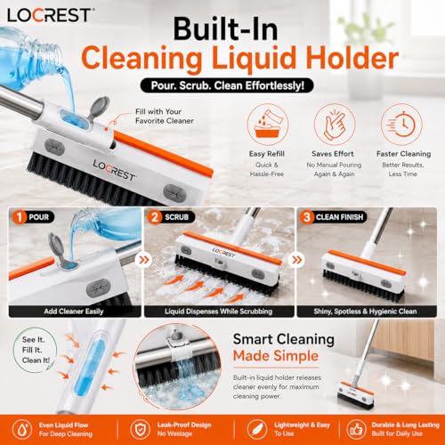 Image of Milton Bathroom Cleaning Brush with Long Handle & Built-in Liquid Dispenser, 2-in-1 Floor Scrub Brush with Wiper, Extendable Stainless Steel Tile Cleaning Brush for Bathroom, Kitchen, Glass & Balcony