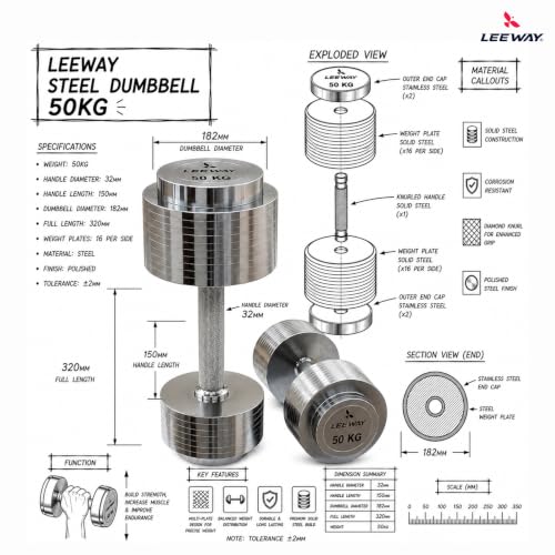 Image of Leeway Steel Dumbbell Set 50 Kg x 2 | Chrome Dumbbells for Home Gym | Rust-Resistant Non-Slip Grip | Strength Training Metal Dumbbell Set | Iron Dumbell | Round Dumble (50kg X 2 = 100kg Chrome)