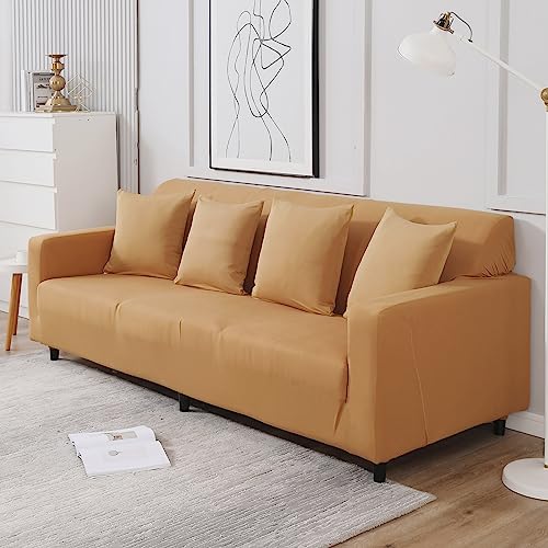 Image of HOKIPO Elastic Stretchable 4 Seater Sofa Cover, Sand Brown (AR-4280-E5)