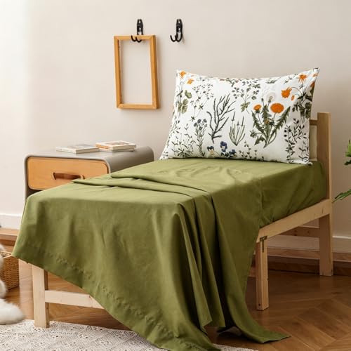 Image of Wellboo Botanical Toddler Bedding Sets for Girls Boys White and Green Floral 4 Pieces Soft Crib Bed Set Including Comforter, Sheets and Pillowcase Watercolor Flower Bohemian Quilt Rustic Leaf Blossom