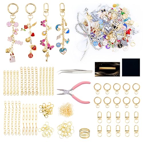 Crekeso 341Pcs Charms Keychain Making Kit Complete DIY Bag Charm Supplies Kit with Chains Clips Hooks Pliers for Girls Kids Jewelry Craft Making