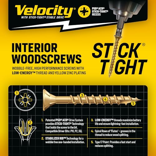 Image of Velocity Interior 1 1 /2 Inch Wood Screws Contractor Pack (Size #6, 876 Pcs) - Self Tapping Screws with Phillips Bits, Stick Tight Technology, Carbon Steel with Zinc Plating, Durable Storage Organizer
