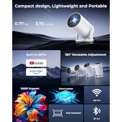 Mini Projector, Portable Projector with Wifi and Bluetooth, Built in Apps, Support 4K 1080P, 180 Rotation, Auto Keystone, Movie Projector Compatible With HDMI/USB/TV Stick/Smartphone/Laptop