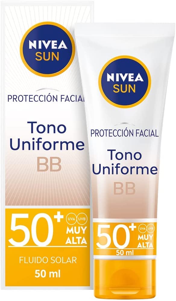 NIVEA SUN Protección Facial UV BB Anti-edad FP 50+ (1 x 50 ml), crema solar facial para un bronceado uniforme, crema facial antiedad, protector solar con color