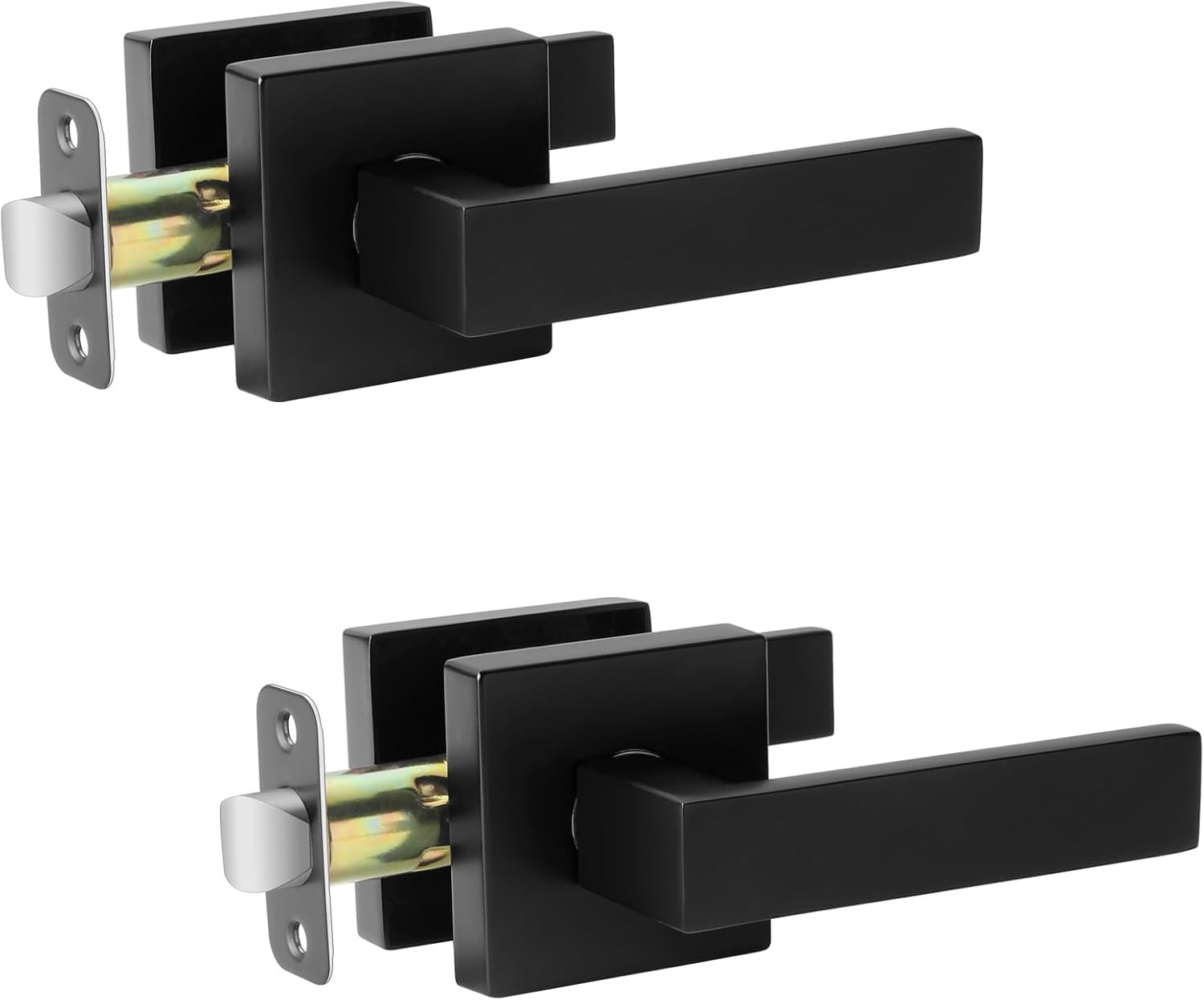 Matte Black Door Handle Interior Passage Door Knob (2 Pack), Square Non-Locking Door Levers for Hall or Closet, Heavy Duty Keyless Door Handles for Left Right Handle Doors