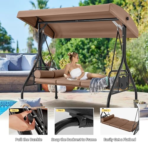 Image of HOMREST 3 Seat Outdoor Porch Swing with Adjustable Canopy, Convertible Patio Swing Bed with Stand, Patio Glider Swing with Upgraded Cup Holder, Thicken Cushions ＆ Pillow for Backyard(Brown)