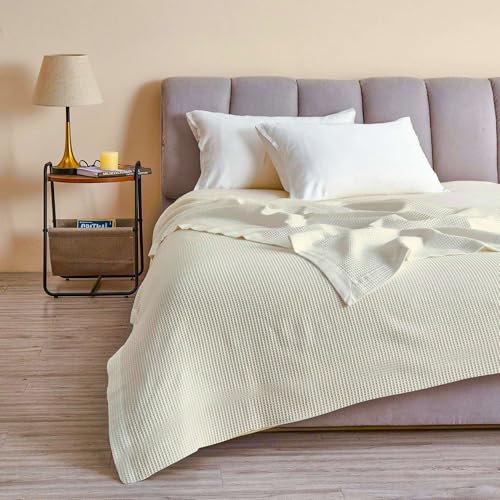 Image of Super Soft & Breathable 100% Microfiber Waffle Blanket - Throw Blanket and Quilt for Bed & Sofa Double(90x100) Size - Ivory Solid