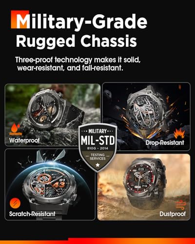 2025 Smartwatch Herren mit Telefonfunktion, 500mAh Akku 1.46" HD Militär Smart Watch, 113 Sportmodi IP68 Wasserdicht Fitnessuhr, 24/7 Herzfrequenz/SpO2/Schlafmonitor, iOS Android 2 Armbänders Schwarz – Bild 3