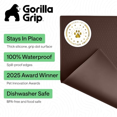 Image of GORILLA GRIP 100% Waterproof Raised Edge BPA Free Silicone Pet Feeding Mat, Dog Cat Food Mats Contain Spills Protects Floors, Placemats for Cats and Dogs Water Bowl, Pets Accessories 16x10, Brown
