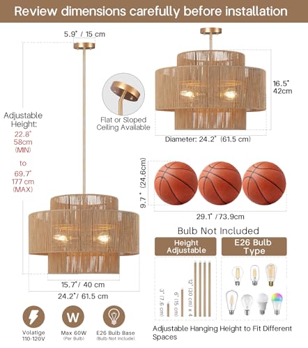 Image of 24'' Boho Rattan Chandelier, 4-Light Hand-Woven Wicker Pendant Lamp, Rustic Modern Ceiling Light Fixture for Dining Room, Kitchen Island, Living Room, Bedroom, Foyer, Entryway, Over Table