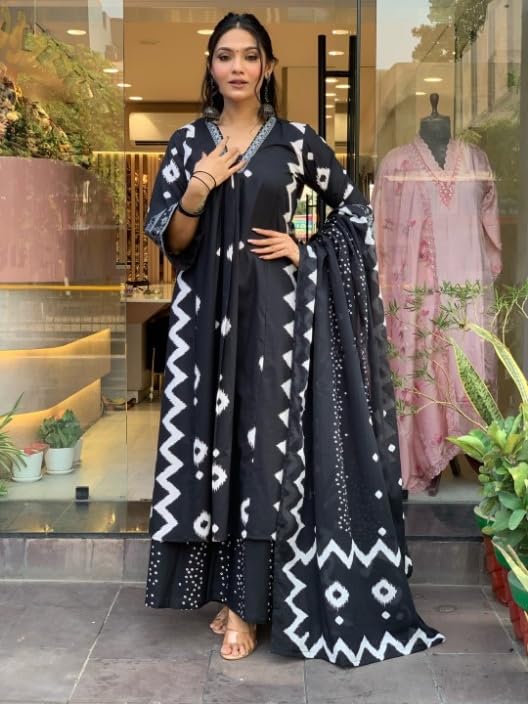 Image of Yashika Women Cotton Blend Floral Printed Kurta Plazzo Set with Dupatta Suitable For Every Indian Occasion