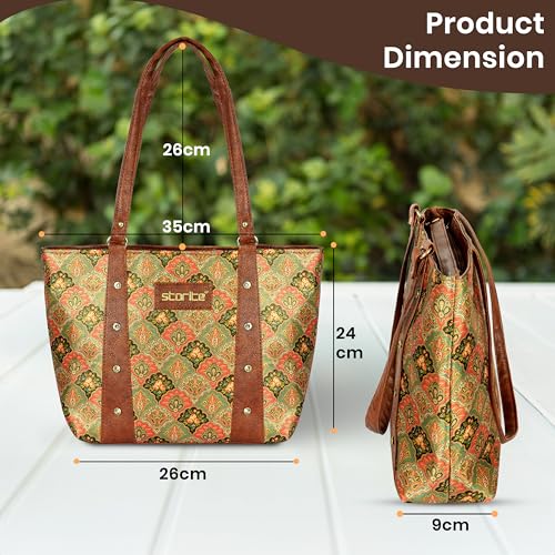 Image of Storite Women's Tote Bag with Leather Handles & Embroidery Printed Handbag with Zip Pockets, Shoulder Tote Bag and Handbag for Office and College
