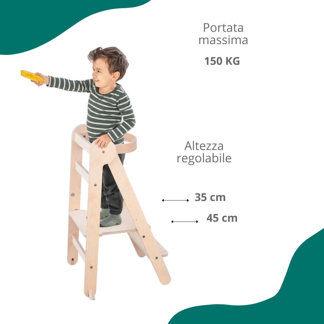 Mamatoyz 08FNAT Torre Montessoriana di Apprendimento Pieghevole Multiuso in Legno Naturale di Betulla con 2 Altezze Regolabili