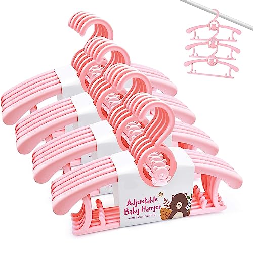Image of HGYZE Kids Hangers 11"-14" Adjustable Plastic Baby Girl Hangers 20 Pack, Toddler Bear Hanger for Children's Clothes Sweaters, Infant Hangar for Closet with Non-Slip Shoulder Grooves & Pants Bar, Pink