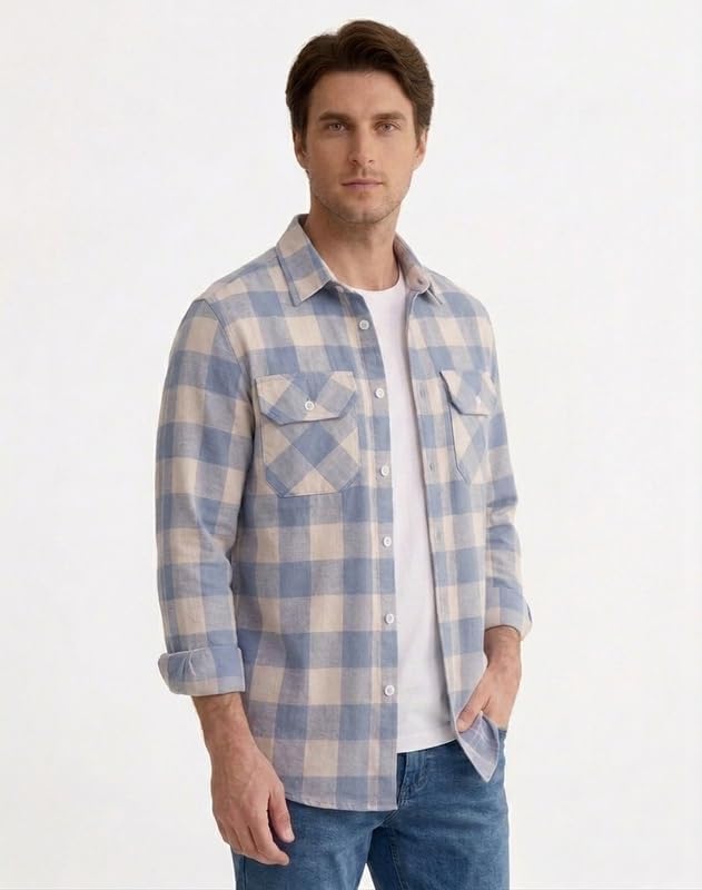 Image of DEELMO Men's Stylish Cotton Blend Casual Chakes Shirt || Full Sleeve Shirt with Dual Flap Pockets Fabric || Perfect for Casual and Classic Fit & Style || Stylish Everyday Wear