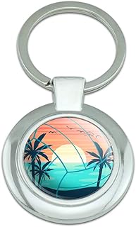 Volleyball Beach Scene Keychain Classy Round Chrome Plated Metal