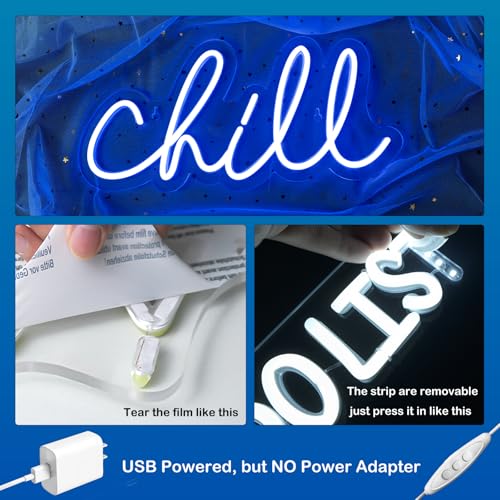 Image of Chill Neon Sign Blue Dimmable Wall Light Gift for Game Room Decoration | 14in*7in,Adjustable brightness (5 levels),Powered by USB,Applicable to Bar,Pub,Club,Party,Wedding,Engagement,Bedroom