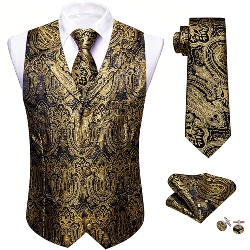 Image of Barry.Wang Mens Silk Lapel /Shawl Collar Vest Tie Sleeve Holder Set Formal /Casual Paisley Vests Wedding Tuxedo Waistcoat