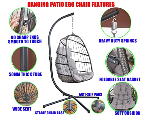 Mojia Patio Wicker Hanging Egg Swing Chair With Stand, Hammock Egg Chairs Foldable Uv Resistant Cushions 440Lbs Capaticy (Gray) #TOP2