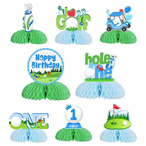 Image of Fangleland 8 Pack Golf Honeycomb Centerpieces Golf 1st Birthday Party Decorations, Hole in One First Birthday Party Supplies for 1 Year Old Boys Sports Table Sign