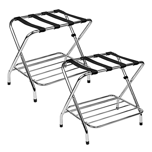 USTECH Luggage Rack-Double Tier, Chrome, Fully Asssembled, Foldable Rack for Guest Room