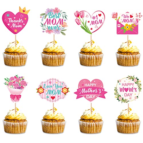 JKQ 32 Pieces Happy Mother's Day Cupcake Toppers Thanks Mom Best Mom Ever We Love Mom Happy Mom's Day Cupcake Picks with Heart Flowers Tulip Carnation Mothers Day Moms Day Party Cupcake Decorations