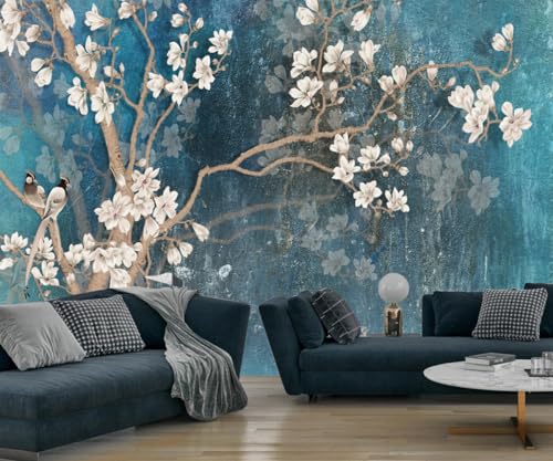 Kalodity Papier Peint Panoramique 3D Soie, 356 x 250 cm Magnolia Bleu, Oiseau, Grande Mural, pour...