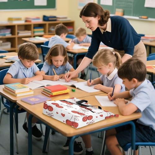 Red Cherry Bows Tote Bag for Book Lovers Reusable Bags with Zipper Pocket for School Work Shopping4