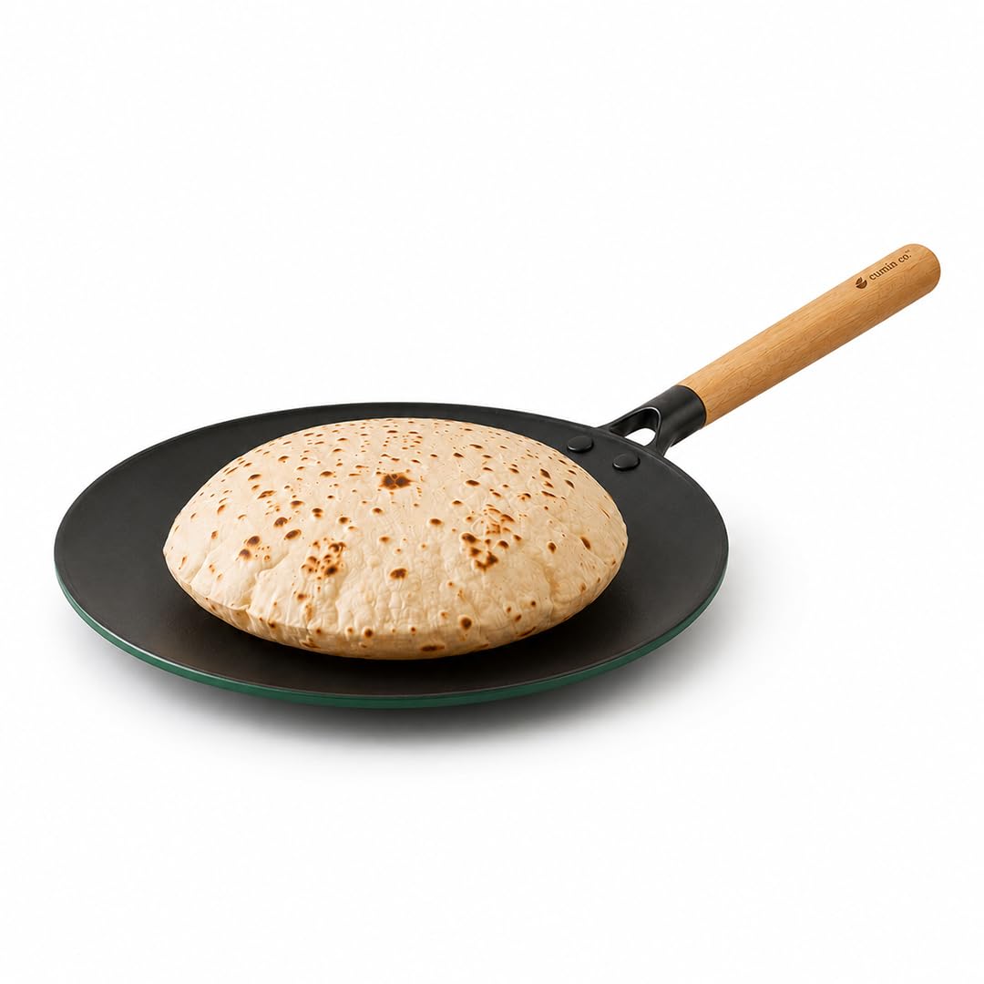 CUMIN CO. Enamel Cast Iron Roti Tawa LITE | 26 cm | 5 Years Warranty | Non Toxic Non Stick Tawa for Roti/Chapati | Chemical Free Coating | No Seasoning Needed | Moringa (Green)-picture-15